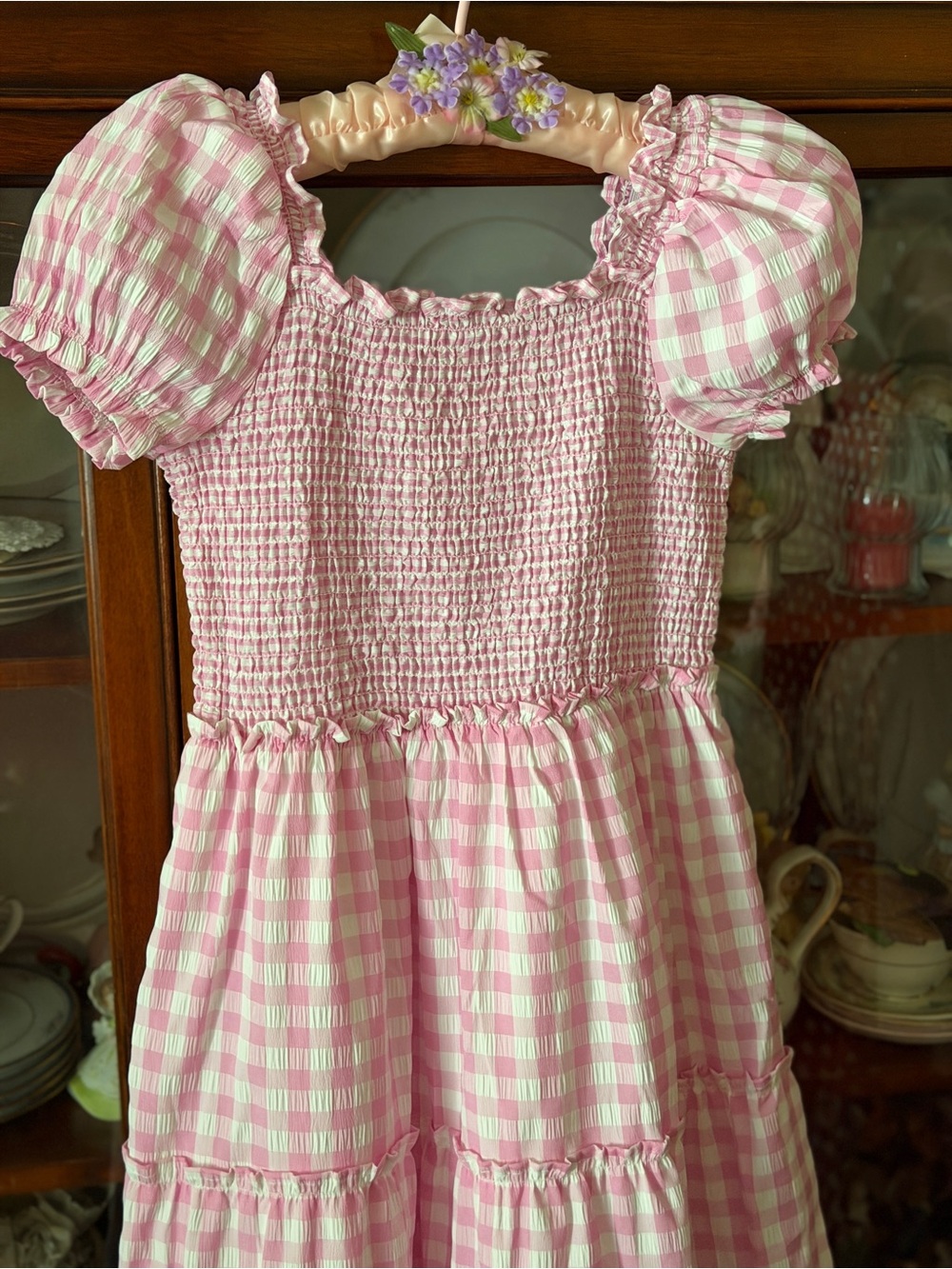 Pink Gingham Girls cottage core Maxi dress with ruffle - Picture 2 of 8